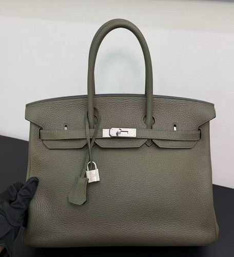 Auth Hermes Birkin 35 Handbag Jungle Green Leather Palladium Hardware Large