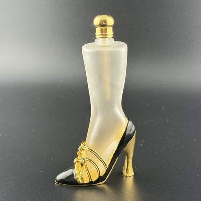 Vintage Perfume Bottle with Wand Gold and Black High Heel Shoe Rhinestone EUC
