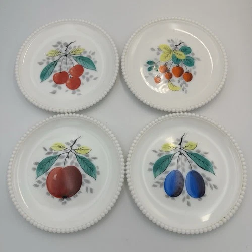Vintage Westmorland Milk Glass 7 3/8" Hand-painted Beaded Lunch Plates set of 4
