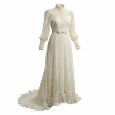 Vintage 1970s Ivory Lace Wedding Gown Prairie Boho Style Long Sleeve and Veil