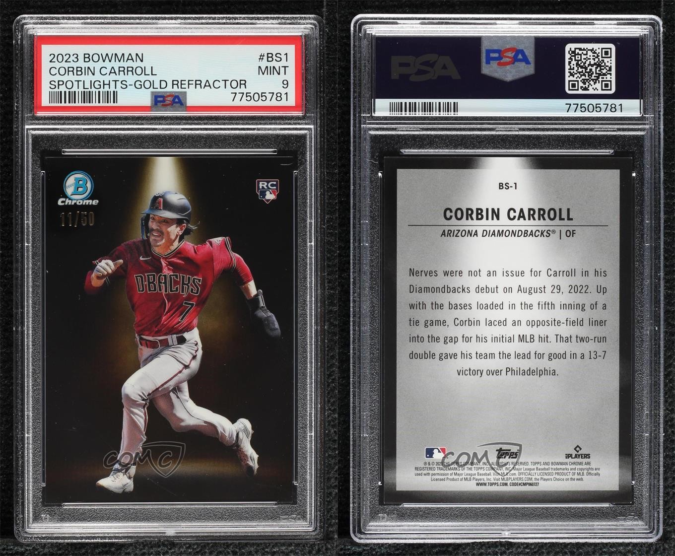 2023 Bowman Spotlights Gold Refractor 11/50 Corbin Carroll PSA 9 MINT Rookie RC view 3