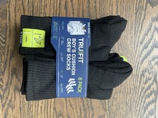 TRU FIT Boy's Crew Socks w Cushion 6 Pack black fits shoe size 6-8.5