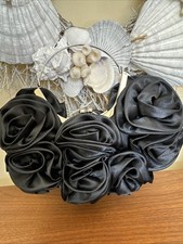 Black Rose Evening Bag Clutch Purse Satin Kiss Lock Formals Prom 3D