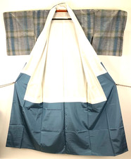 Unused Japanese Silk Kimono Tsumugi M Stripe Blue Grey Handspun Handwoven Silk