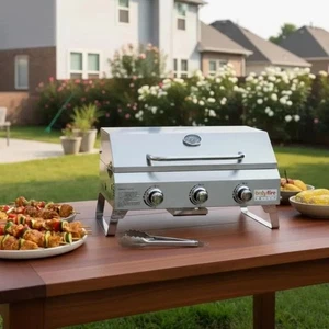 3 Burner Tabletop Propane Gas Grill Portable BBQ with Stainless Grate