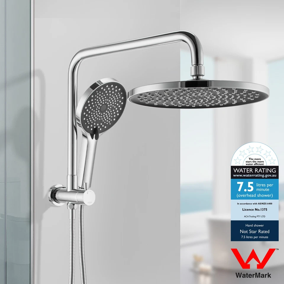 Chrome Round 10'' Rain Shower Head Handheld Set Gooseneck Wall Arm Diverter WELS