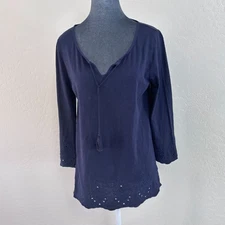 Talbots 3/4 Sleeve Tunic w/Tassle Tie and Embroidered Hem & Cuff - Navy - Size S