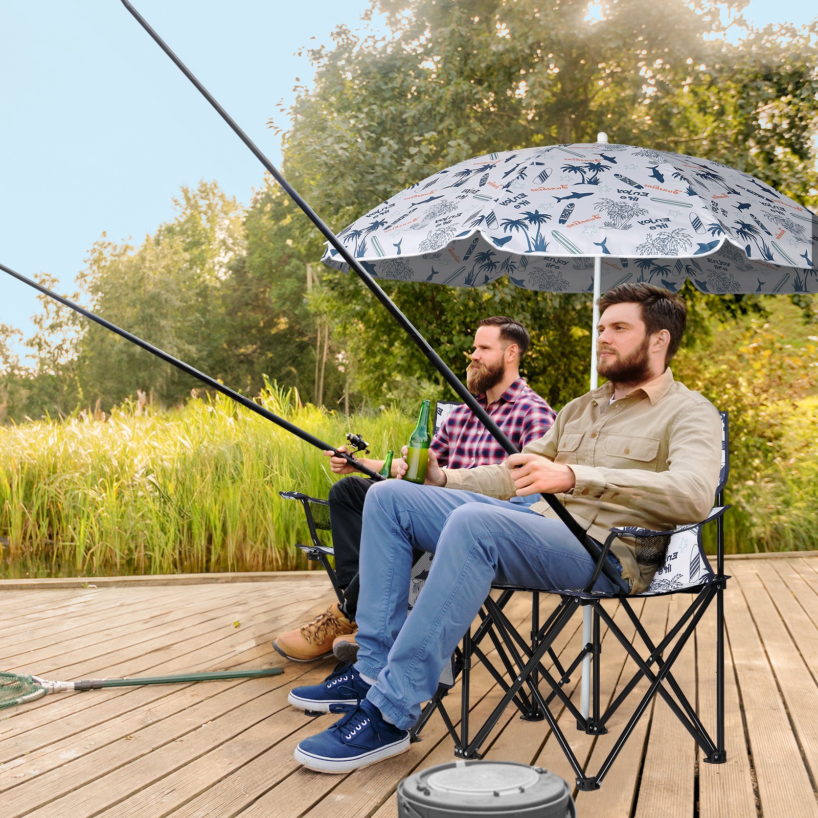 Folding Camping Outdoor Picnic Double Chair with Umbrella Table Cooler Beach New