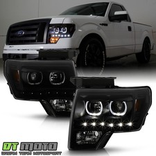 Black Smoke 2009-2014 Ford F150 Smd Led Halo Projector Headlights 09-14 Pair Set