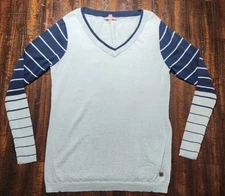 Women's Smartwool Blue Striped V-Neck Merino Wool Pullover Sweater Sz L