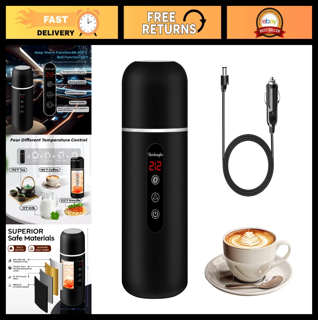 Portable Electric Travel Kettle 12V/24V Car Coffee Warmer, Hot Water Boiler with
