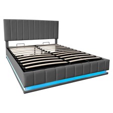 Ottoman Storage Gas Lift Up Bed Upholstered Bed Frame with LED Grey 5ft King