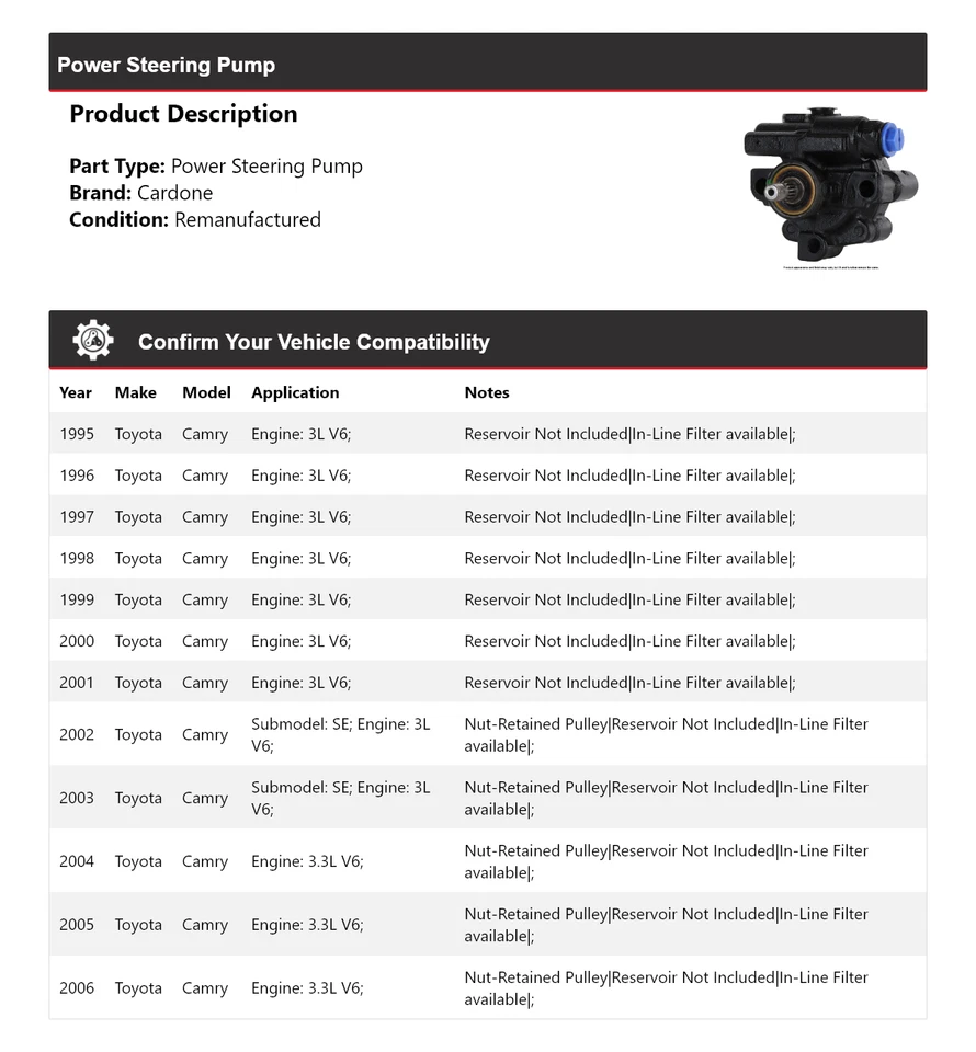 Bomba de dirección asistida Cardone para Toyota Camry 1995-2006 1996 1997 1998 1999 2000 Foto 2 de 4