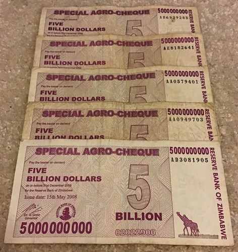 Lotto di 5 x banconote Zimbabwe. 5 miliardi di dollari. Datato 2008.  - Foto 1 di 3
