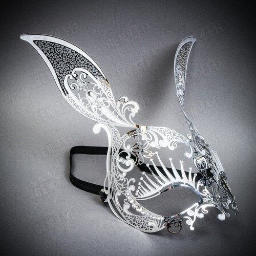Silver Sexy Bunny Rabbit Metal Laser Cut Rhinestones Masquerade Women Party Mask - Picture 3 of 6