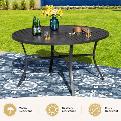 54" Outdoor Dining Table Metal Steel Slat Round Patio Table with Umbrella  Hole | eBay