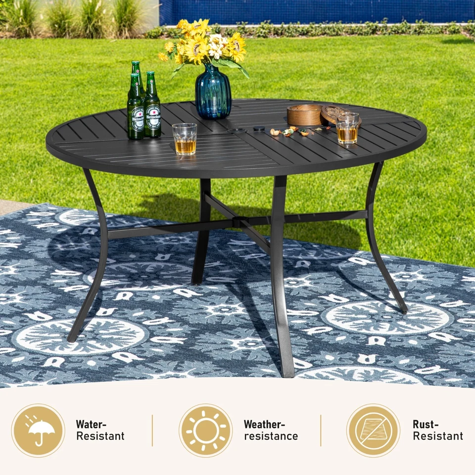 54" Outdoor Dining Table Metal Steel Slat Round Patio Table with Umbrella Hole - Image 2 of 4