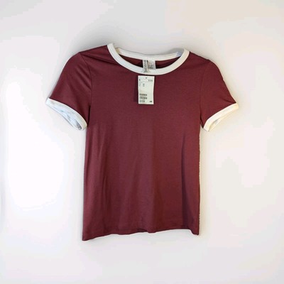 Divided By H&M NWT Cropped Ringer Baby Tee Maroon Burgundy Women s XS (D02)
