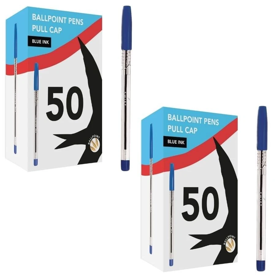 100 Ball Point Pens Blue Ink Medium Point Smooth Biros Office School stationery - Picture 1 of 5