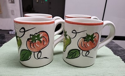 Pier 1 Set of 4 Vegetable Coffee Mugs Handpainted Tomatoes, peppers Cups, 12 oz