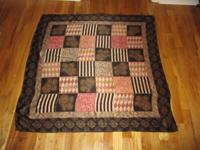 Large Club 7 ECHO Black Salmon Checkerboard Boho 100% Silk Square Scarf 40''