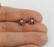 2Ct Lab Created Round Red Ruby Flower Women's Stud Earring 14K Yellow Gold Over
