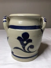 Williamsburg Pottery Salt Glazed Crock w/Handles Cobalt Blue Floral VTG Handmade