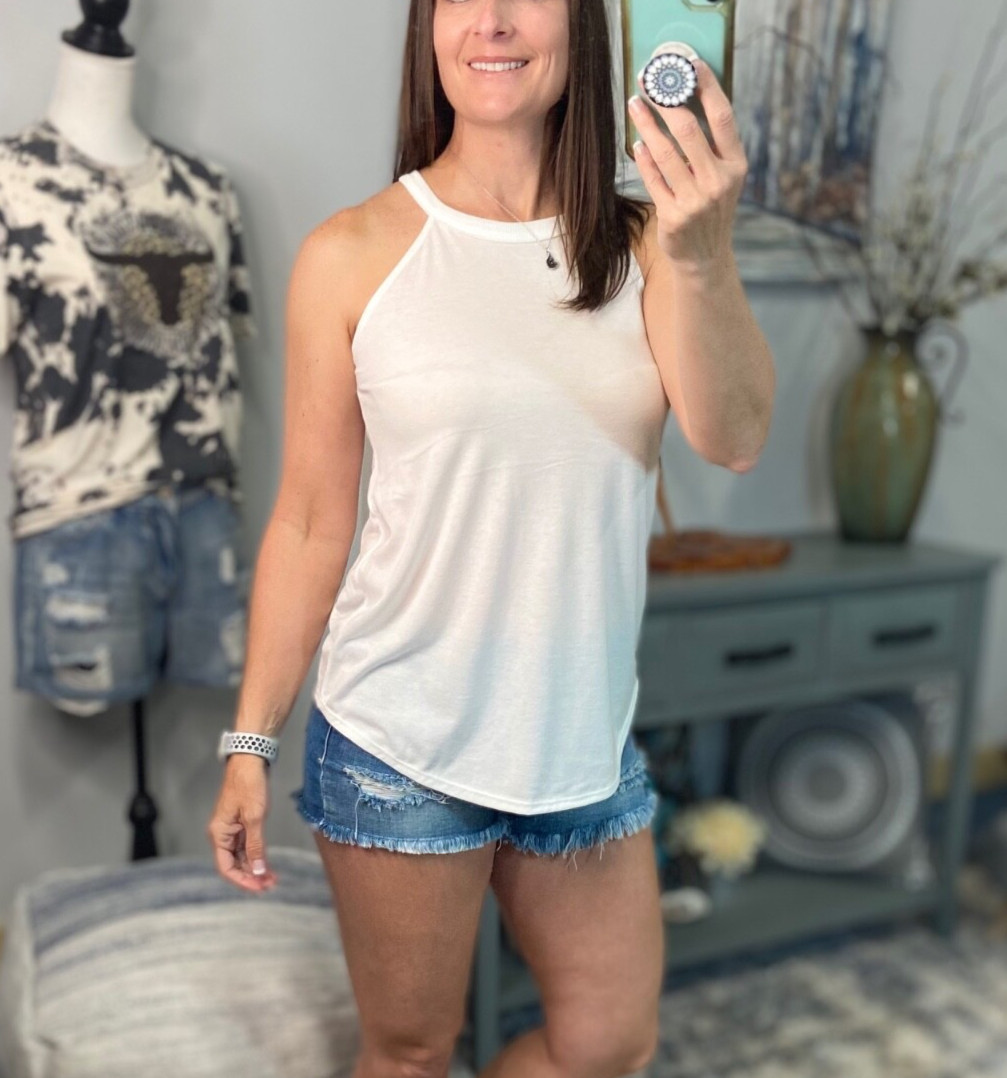 Tank Top Womens Medium White Rocker Halter Sleeveless Floaty Vacation Beach Sexy-image