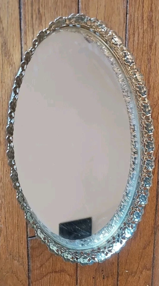 Vintage Gold Filigree Vanity Mirror Or Tray; Ornate Brass; Velvet Back 13x9 Oval - Image 3 of 4