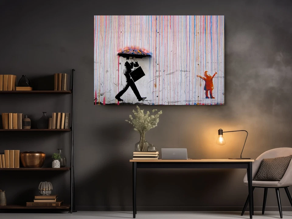 Impresión en lienzo de lluvia color Banksy - arte de pared listo para colgar para decoración del hogar Foto 2 de 4