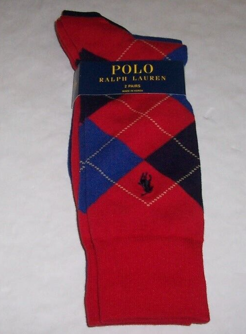 Polo Ralph Lauren 2 PAIA Calze Pantalone ROSSO ARGYLE BLU SOLIDO Uomo PONY Nuovo con etichette