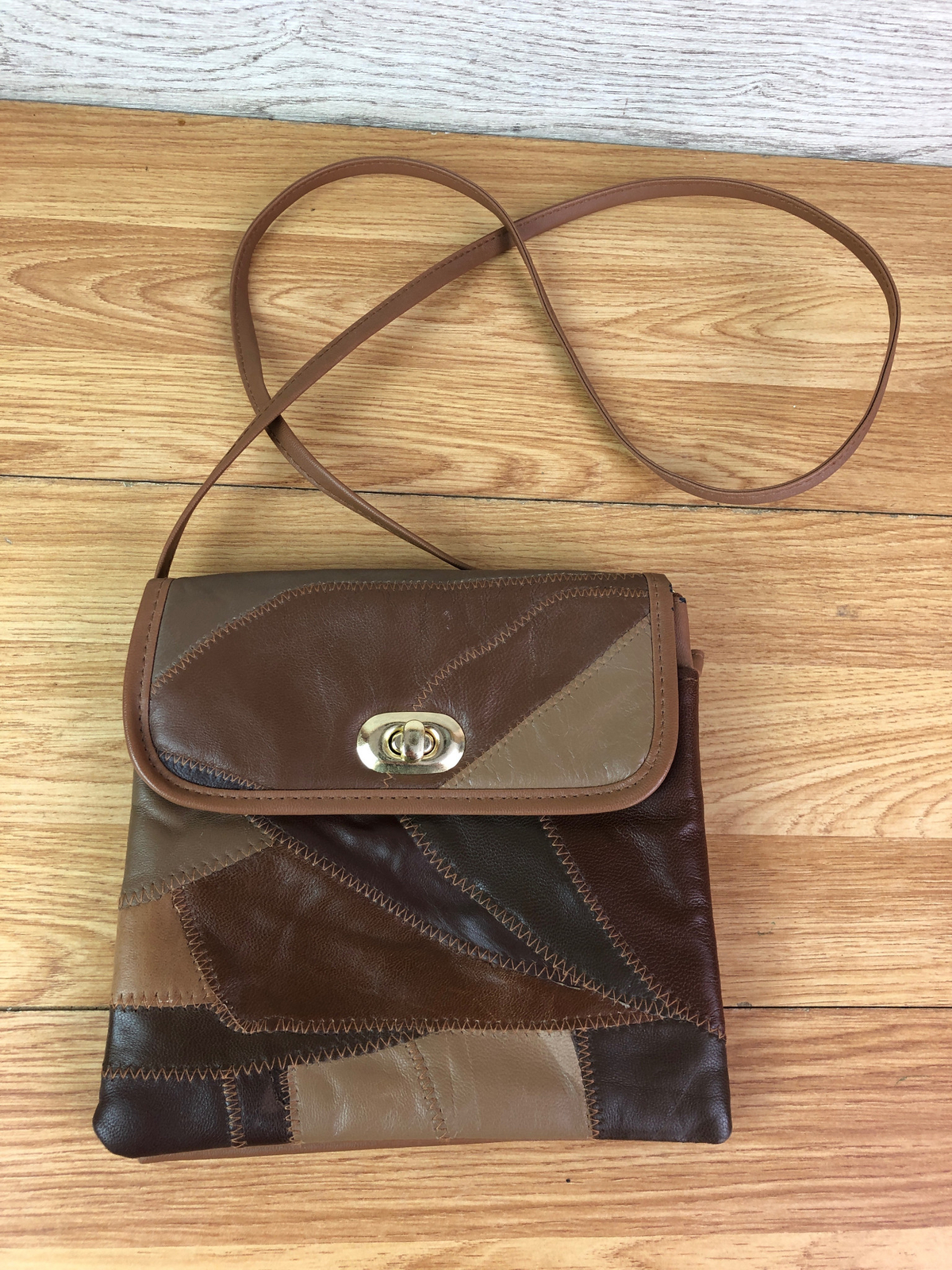 Brown Leather Crossbody Bag Patchwork Geometric B… - image 1