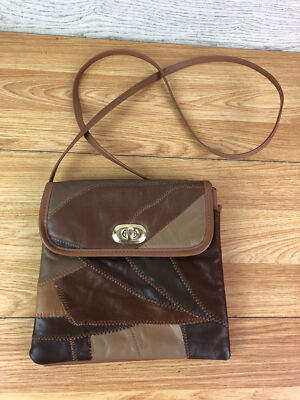 Braune Leder Umhängetasche Patchwork Geometrisch Boho Vintage Style kleine Handtasche