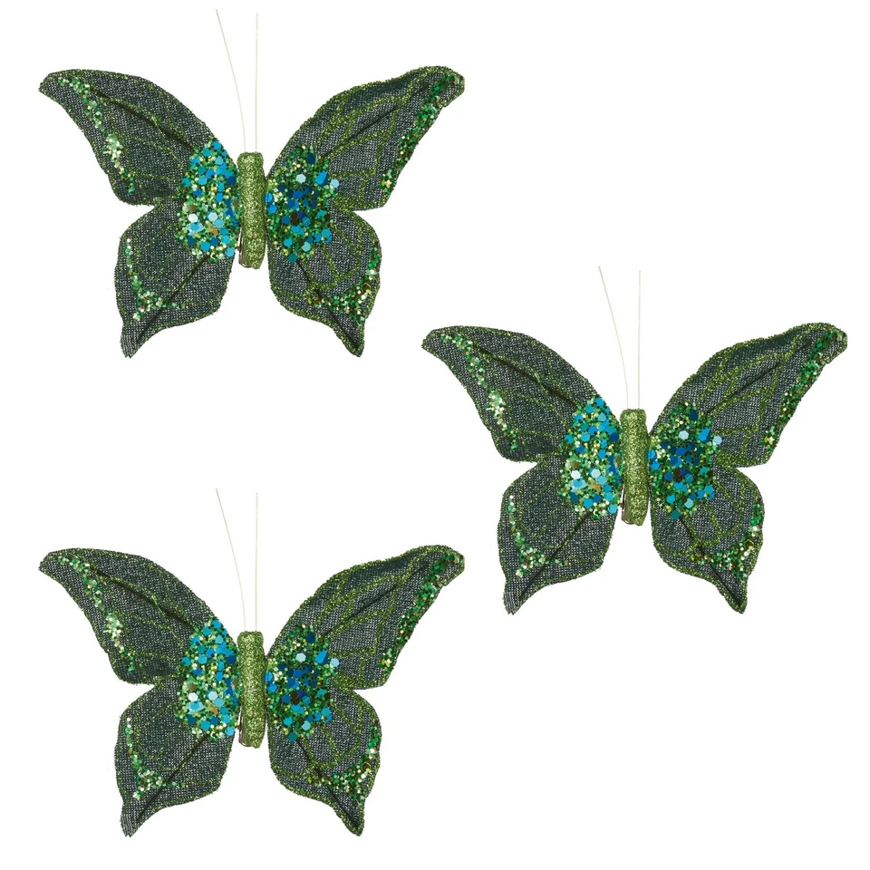 Weihnachtsbaum grün Schmetterling Clip auf Deko Glitzer Pailletten 14,5 cm 3er Set