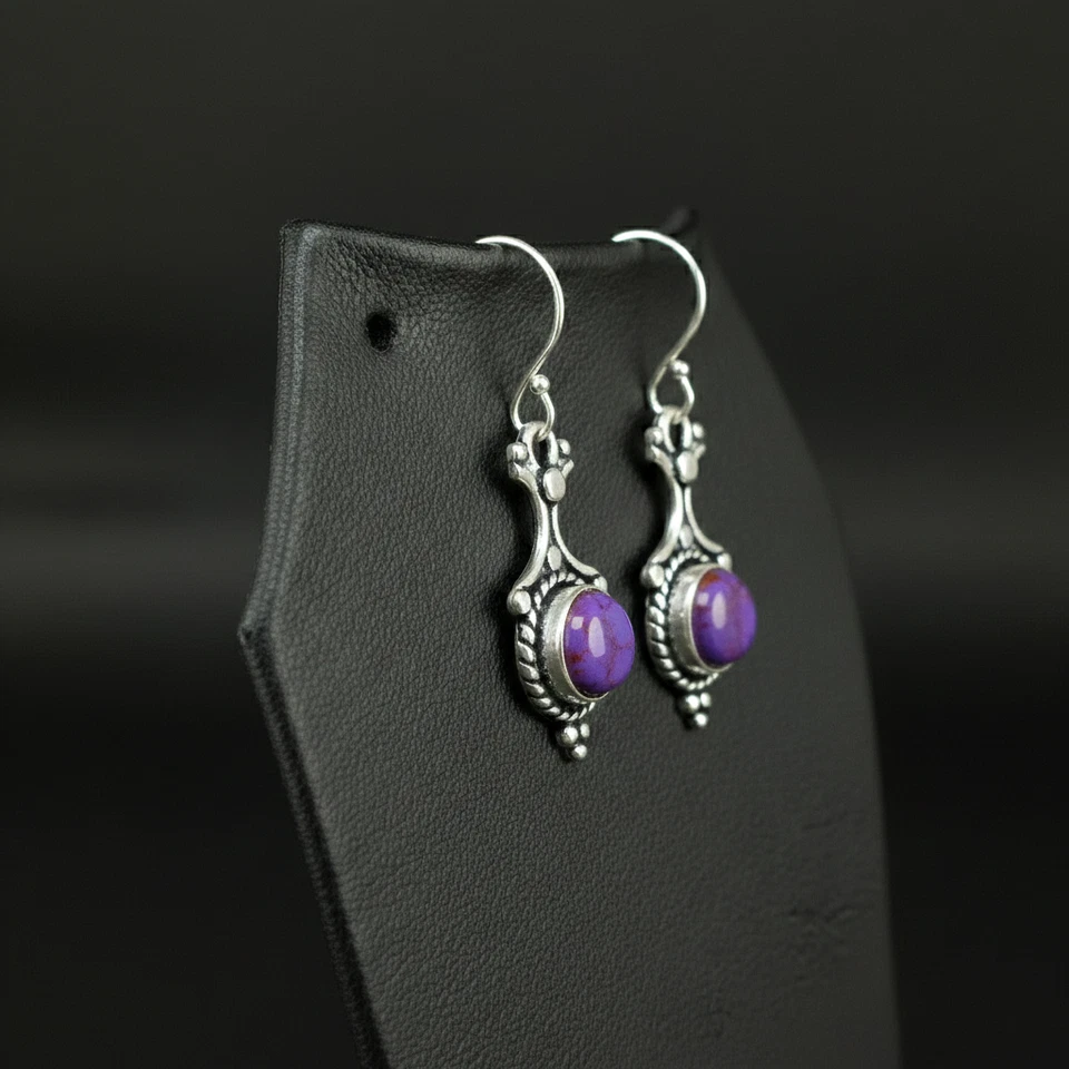Purple Copper Turquoise Gemstone 925 sterling silver Dangle Drop Earrings 1.60" - Image 2 of 4