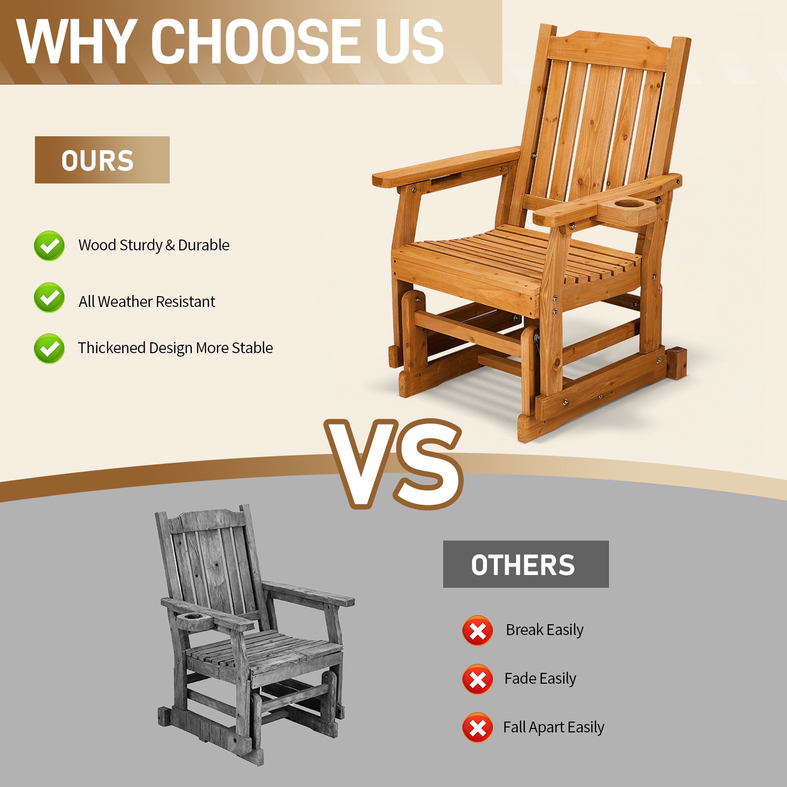 Patio Glider Chair 1Seat w/ Armrest, Backrest Swing Gliding Chair for In/Outdoor