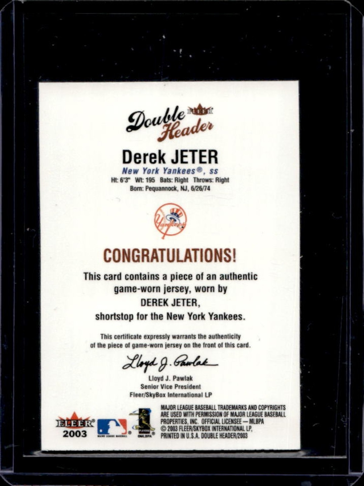 2003 Fleer Double Header Derek Jeter Flip Card Game Used Jersey Yankees view 2