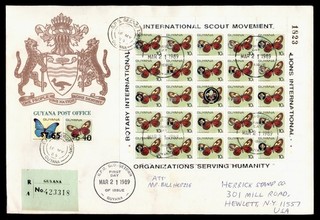 DR WHO 1989 GUYANA FDC BUTTERFLY BOY SCOUTS OVPT S/S SHEET COMBO LR68391