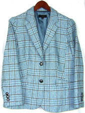 TALBOTS Petite Wool Blend 2 Button Blue Plaid Tweed Blazer Women's 14P