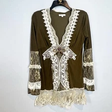 Obstinee Brown Mesh Fairycore Top Long Sleeve Lace V Neck Size Medium Y2K