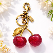 AUTH Coach Cherry Bag Charm KeyChain -Glitter Resin Metal Brass Red