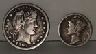 Lot of 2 US Coins -1902 Barber Quarter & 1943 Mercury Dime -90% Silver Currency