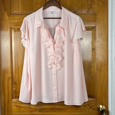 Calvin Klein Womens 3X Pink Peach Blush Ruffle Front Flutter Sleeve Blouse NWT