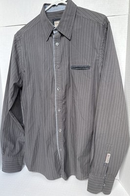 NXS No Excess Dutch Gray Stripe Blue Trim Long Sleeve Button Down Medium EUC