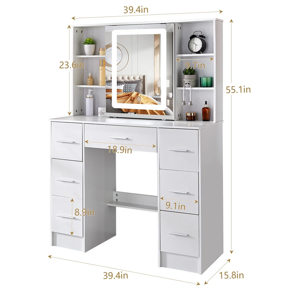 Conjunto de penteadeira maquiagem LED espelho deslizante penteadeira com 7 gavetas - Imagem 3 de 4