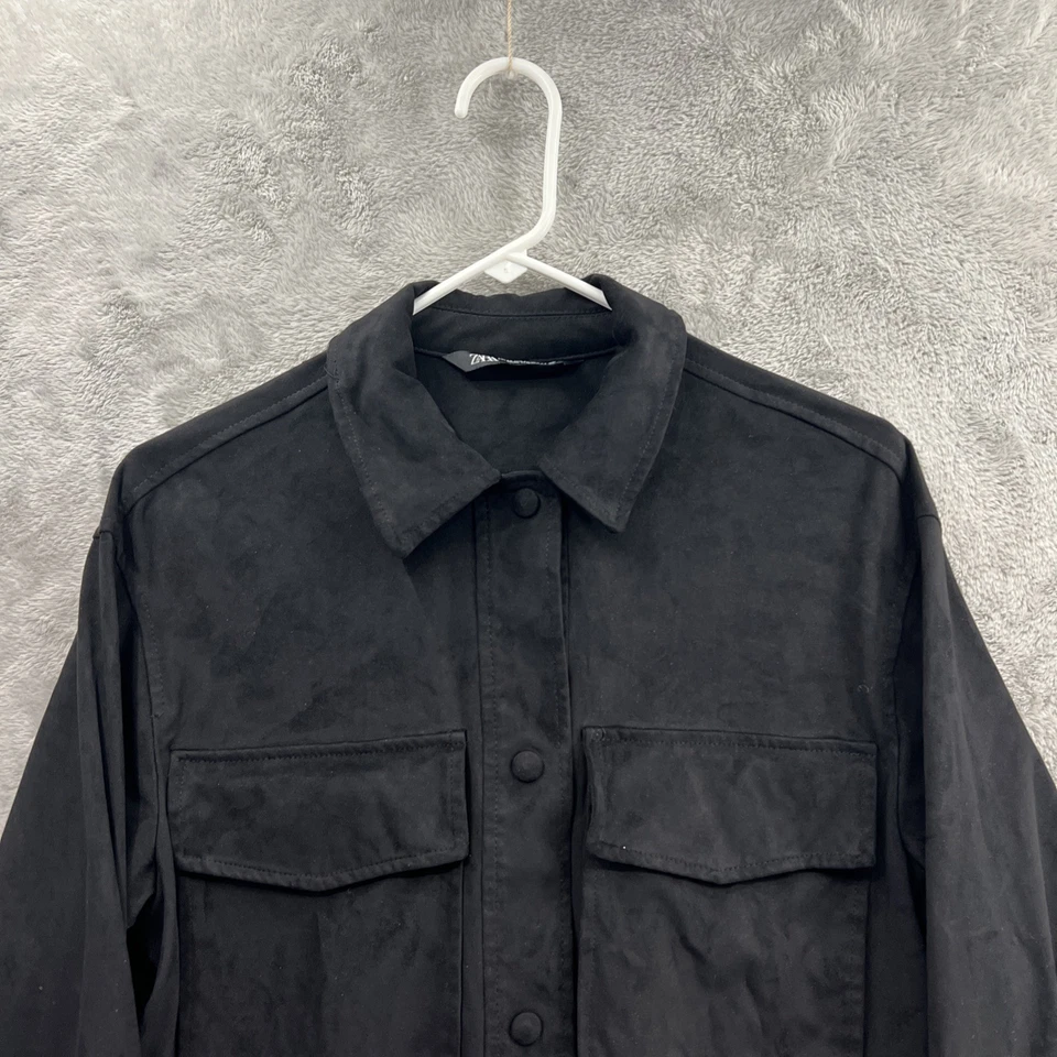 Zara Mens Faux Suede Shirt Black Button Up Shacket Sz XS Pockets Stretch Blend - Image 2 of 4