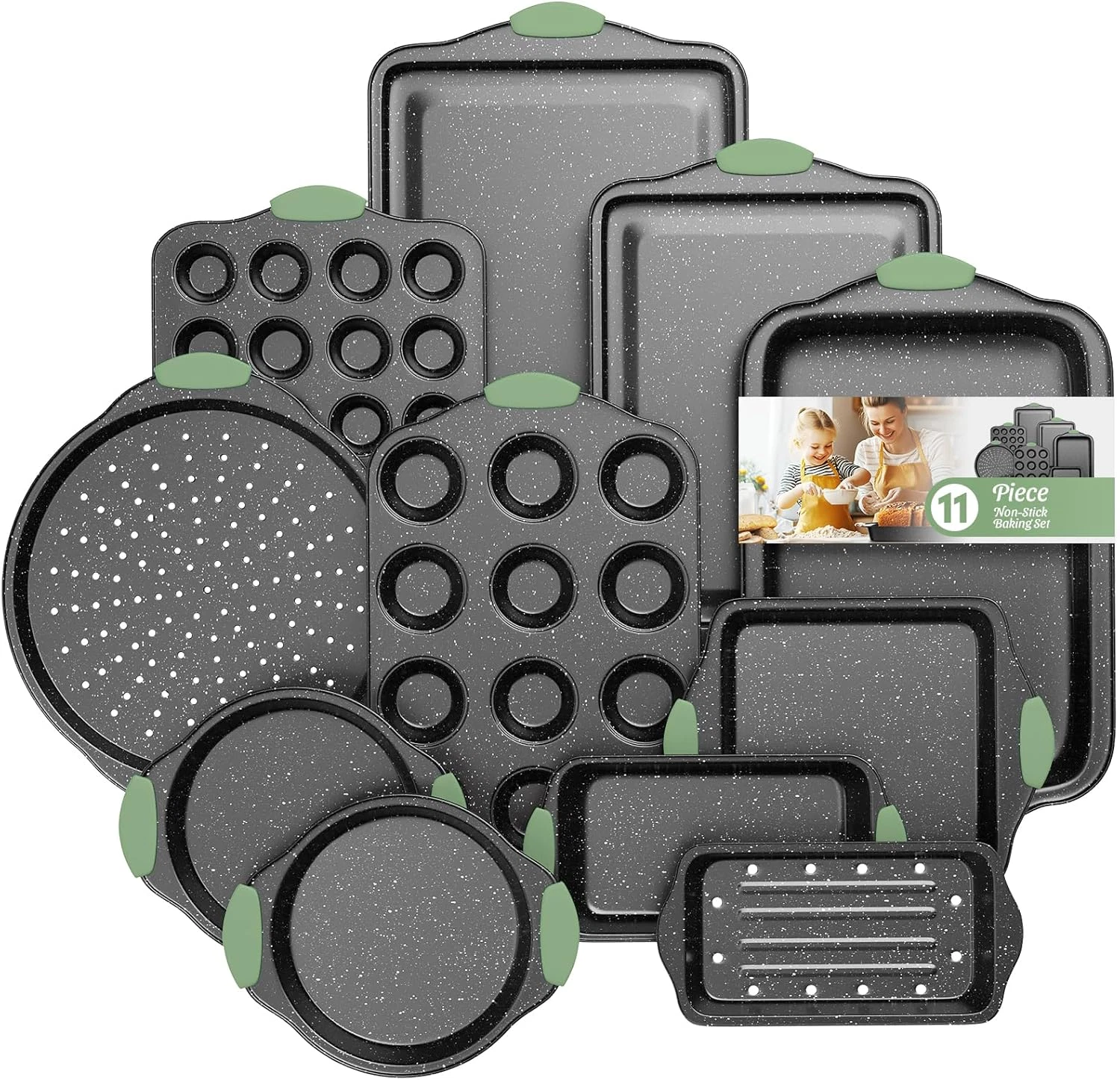 Nonstick 11-Piece Bakeware Set with Silicone Handles - Stylish Dark Green & Blac