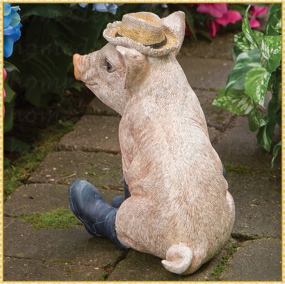 Cerdo lechón en botas y sombrero jardín estatua escultura exterior granja granero patio decoración Foto 3 de 4