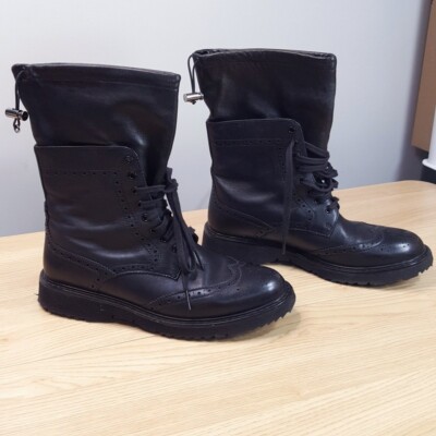 PRADA Combat Boots Womens Size 39.5 Black Leather Lace Up Brogue