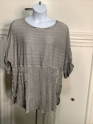 Plus Size 3X ￼black &White Striped Max Studio 3/4 Roll Tab Sleeve Blouse